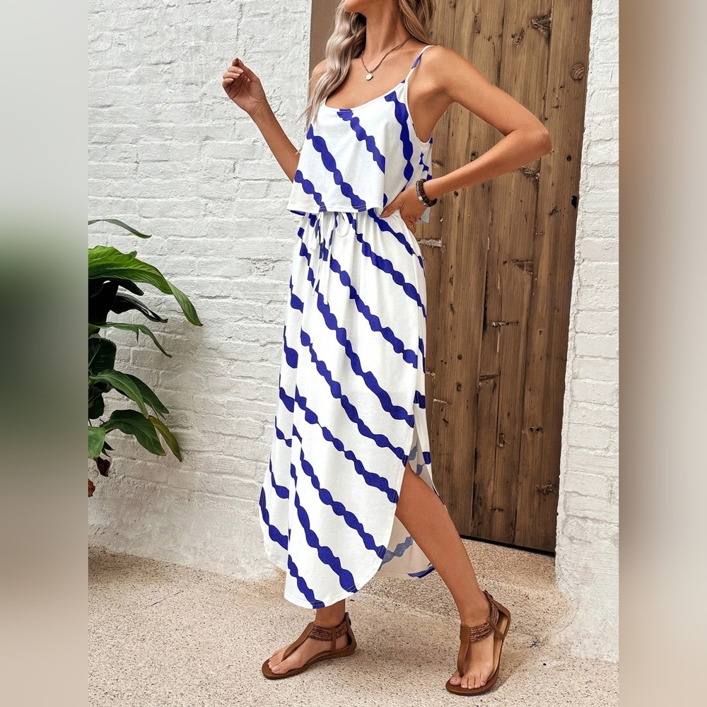 Tie-Dye Black & White Striped Midi Dress With Ruffled Hem And Drawstring Waist F - Picture 4 of 5